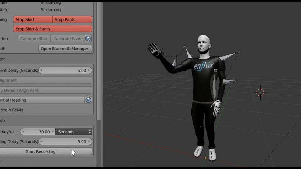 The Enflux motion capture recording plugin in Blender, with a tracked character and recording controls.