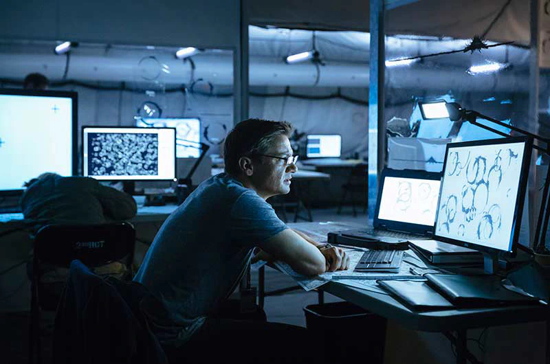 Surveillance screens and controls on the Arrival tent set.